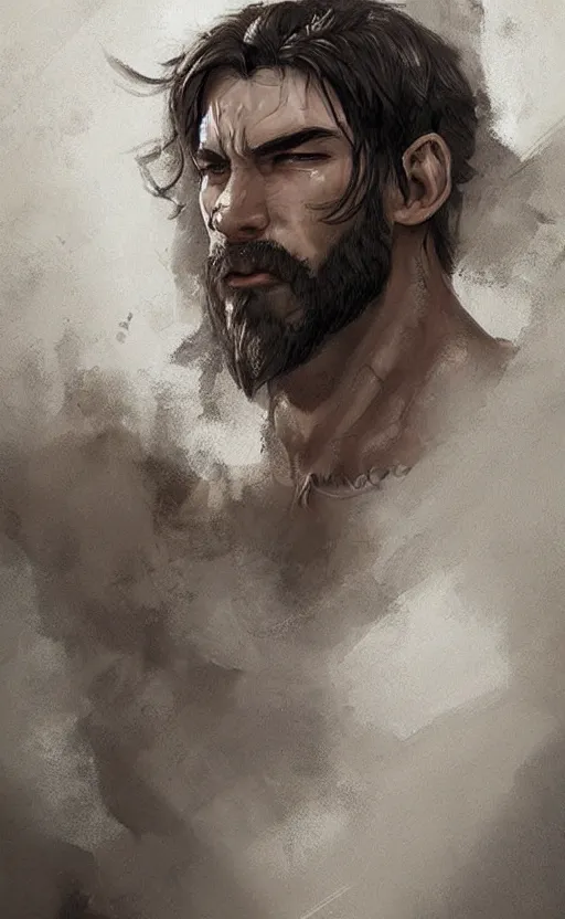 Prompt: Portrait of a rugged ranger sitting down, male, muscular, straight nose!!!, detailed face, handsome face, bare thighs!!!, simple clothing!!!!!, fantasy, medieval, highly detailed, cinematic lighting, digital art painting by jia ruan