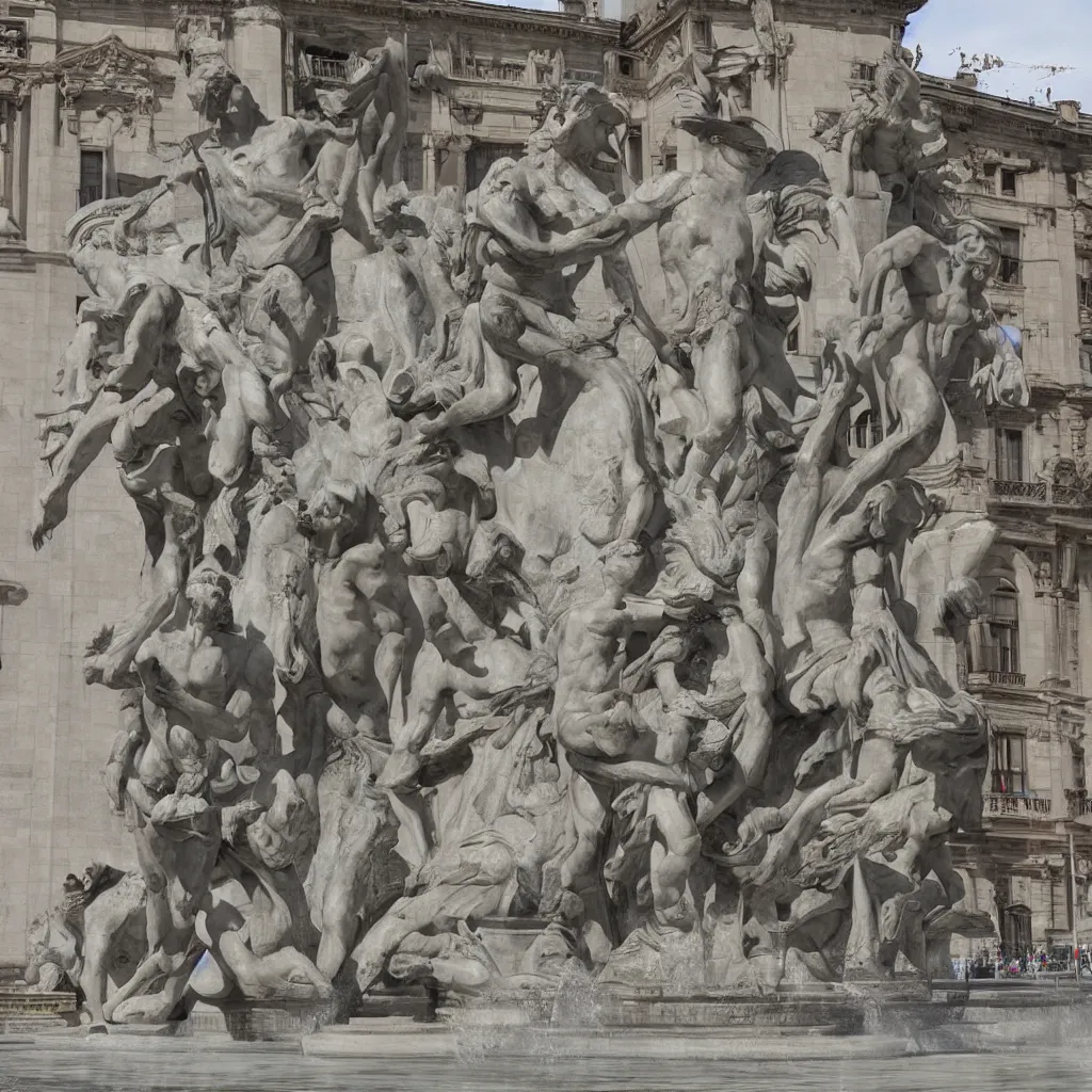 Prompt: two human figures and fountain on city square by giorgio di cirico