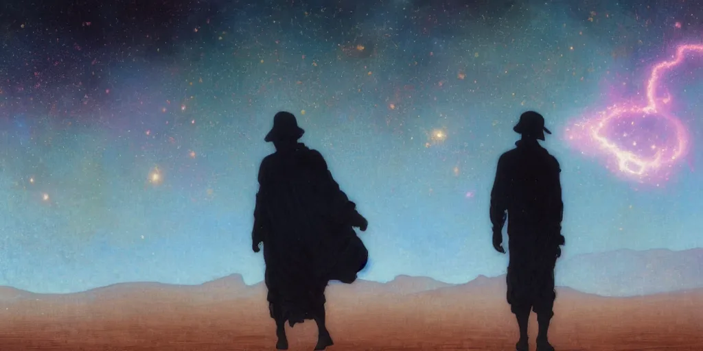 Prompt: a masterpiece painting of a silhouette of a lone hitchhiker wandering through a desert made of cosmic nebulas, by Tom Bagshaw and Alphonse Mucha and James Jean and John Williams Waterhouse, 8k, volumetric lighting, French nouveau, extremely moody lighting, cinematic, atmospheric, sharp focus, depth of field, intricate, elegant, highly detailed, digital painting, very coherent artwork