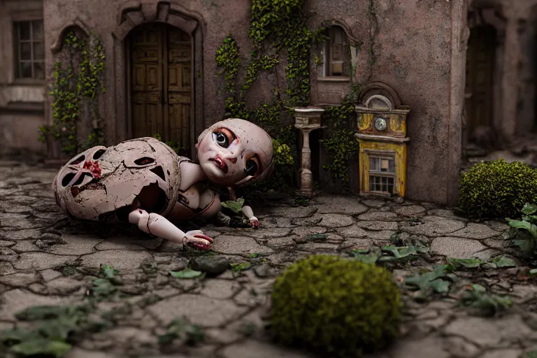 Image similar to Broken ugly toy doll lying on old courtyard with mud and an old playground between two soviet five-storey overgrown with ivy panel houses, high details, cinematic, 8k resolution, beautiful detailed, insanely intricate details, artstation trending, rule of third, octane render, unreal engine