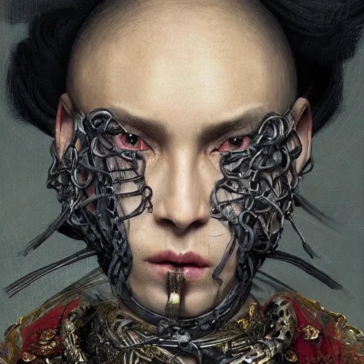 Image similar to portrait of a Shibari rope wrapped face and neck, headshot, insanely nice professional hair style, dramatic hair color, digital painting, of a old 15th century, old cyborg merchant, amber jewels, baroque, ornate clothing, scifi, realistic, hyperdetailed, chiaroscuro, concept art, art by Franz Hals and Jon Foster and Ayami Kojima and Amano and Karol Bak,