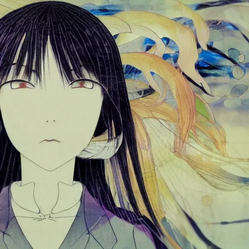 Image similar to yoshitaka amano blurred and dreamy realistic illustration of an anime girl with black eyes, wavy white hair fluttering in the wind wearing dress suit with tie, junji ito abstract patterns in the background, satoshi kon anime, noisy film grain effect, highly detailed, renaissance oil painting, weird portrait angle, blurred lost edges, three quarter view