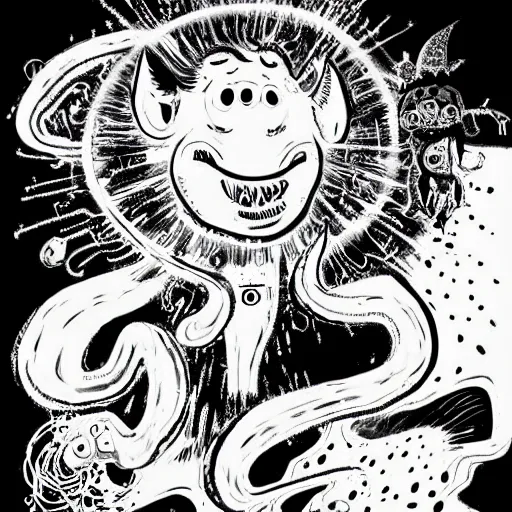 Image similar to black and white trippy comic art of a mutant pig wearing a gold crown fighting aliens, lots of particles, drawn by Martin Rowson, Tim Burton, Studio Ghibli, Alex Pardee, Nekro Petros Afshar, James McDermott, cgsociety 4K