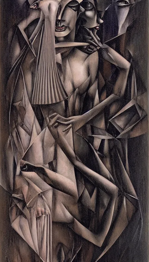 Image similar to illusion of Good and Evil merge in one ,artdeco,H.R. Giger and Tamara de Lempicka and Beksinski style