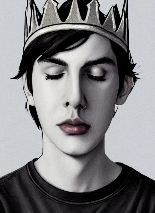 Image similar to portrait of teenage jughead jones wearing a light grey crown, photorealistic, crown, eyes closed, crown, black hair, sweater with letter s on it, letter s, intricate, elegant, glowing lights, highly detailed, digital painting, artstation, concept art, smooth, sharp focus, illustration, art by wlop, mars ravelo and greg rutkowski