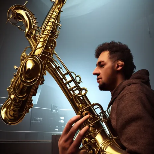 Prompt: anglo saxons playing saxophones, trending on artstation, dramatic lighting, octane render, weta digital, micro details, 3 d sculpture, structure, ray trace, insane details, intricate, elite, ornate,