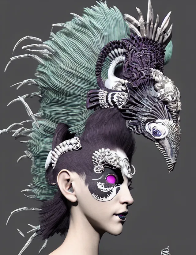 Image similar to 3 d goddess close - up profile portrait punk with mohawk with ram skull. beautiful intricately detailed japanese crow kitsune mask and clasical japanese kimono. betta fish, jellyfish phoenix, bio luminescent, plasma, ice, water, wind, creature, artwork by tooth wu and wlop and beeple and greg rutkowski