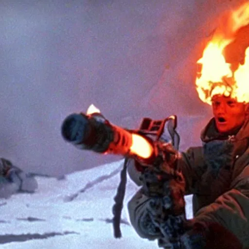 Image similar to movie still of cristiano ronaldo with a flamethrower in the thing (1982), john carpenter, cinematic,