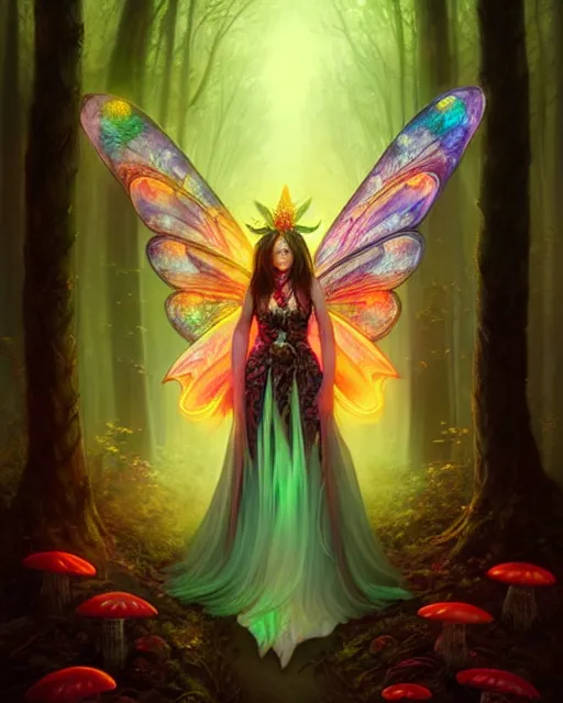 Image similar to stunningly beautiful female faerie priestess in amanita muscaria forest landscape, symmetrical wings on back, neon hair, fantasy art, dark light night, sharp focus, digital painting, 4 k, concept art, art by wlop, artgerm, greg rutkowski and alphonse mucha