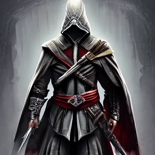 Image similar to an ultra detailed vector image of ezio auditore dressed as the hunter from bloodborne, concept art by alphonse mucha and greg rutkowski, praise the blood moon, octane render, liminal space