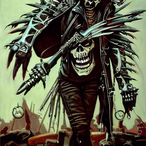 Image similar to a portrait of the grim reaper as a punk rocker, punk, skeleton face, mohawk, dark, fantasy, leather jackets, spiked collars, spiked wristbands, piercings, boots, guitars, motorcycles, ultrafine detailed painting by frank frazetta and vito acconci, detailed painting