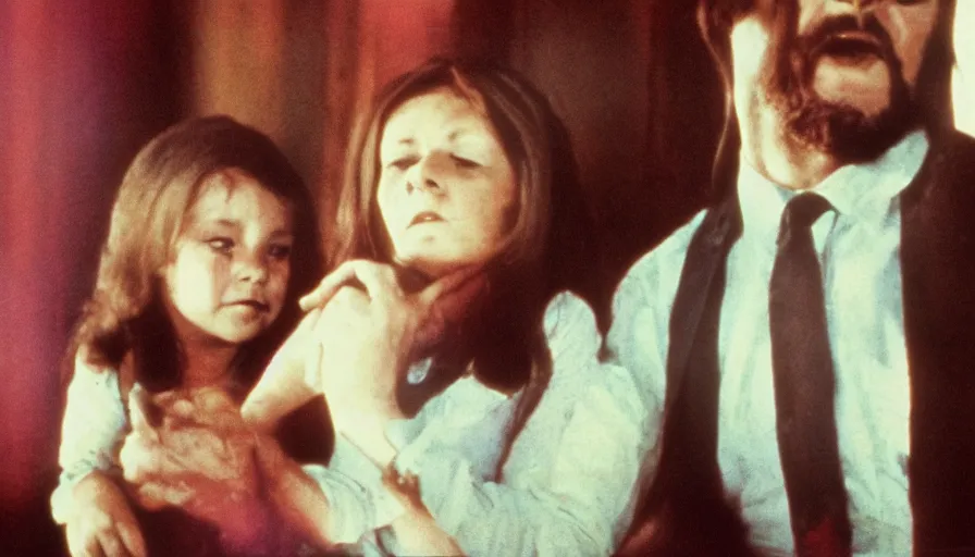 Image similar to 7 0 s film still from a horror movie starring a preacher and his daughter, kodachrome, cinecolor, cinestill, film grain, film texture, retro, cinematic, high resolution, photorealism,