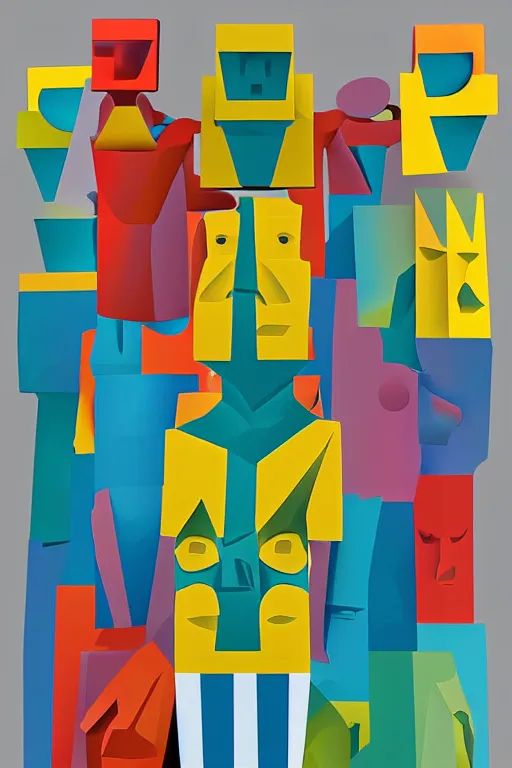 Image similar to cubist moai statue cutout digital illustration cartoon colorful beeple