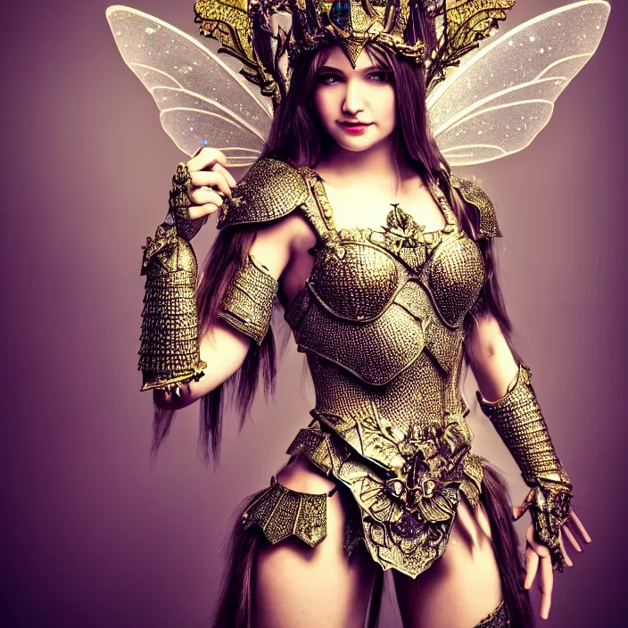 Prompt: photo of a very beautiful!! fairy queen with ornate sparkling armour, highly detailed, 4 k, hdr, smooth, sharp focus, high resolution, award - winning photo
