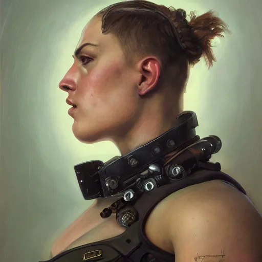 Image similar to portrait of heavy armoured zarya from overwatch in disco elysium, by alexander mcqueen, by roberto ferri, by tom bagshaw, by j. c. leyendecker and klimt, by austin osman spare, highly detailed oil painting, very intricate, cinematic lighting, award - winning, american romanticism, artstation, cgsociety, official art, octane