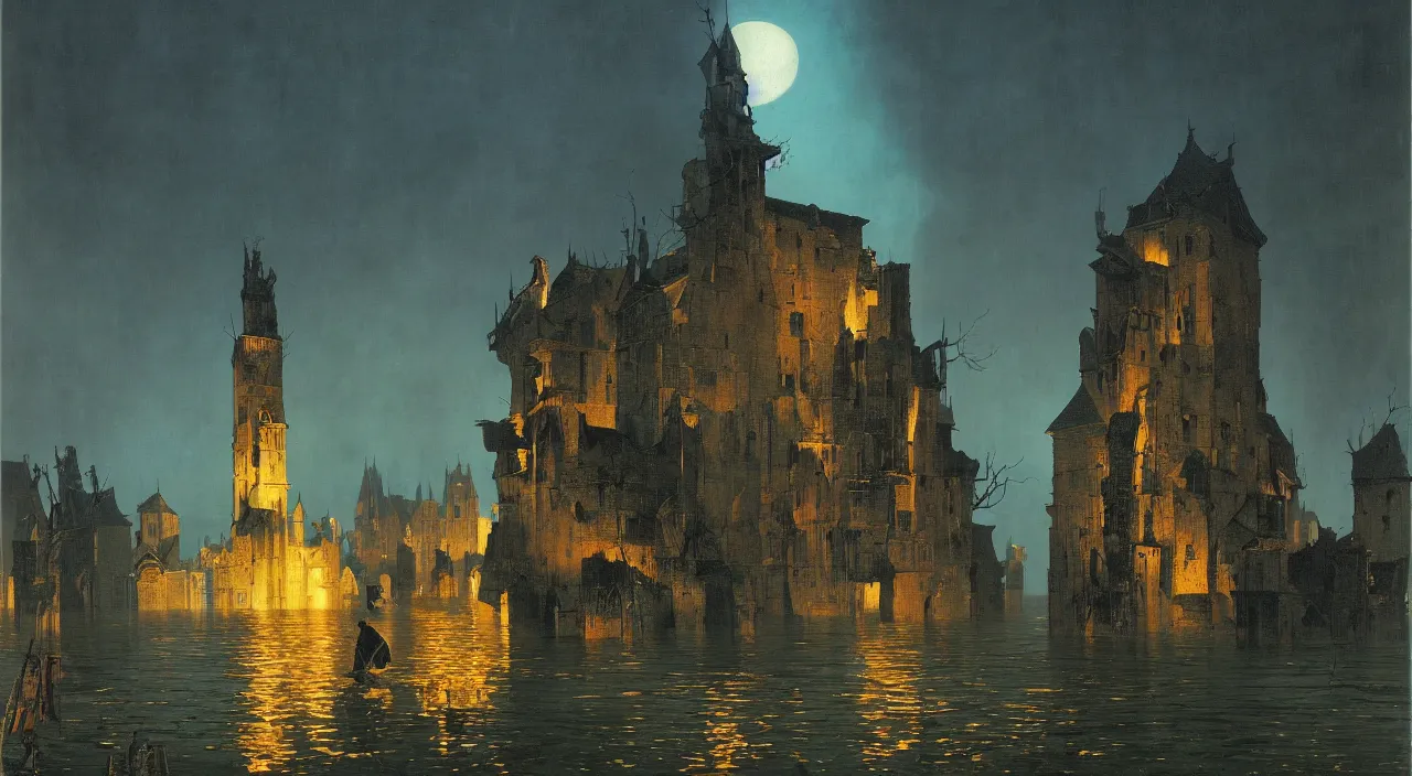 Prompt: a high contrast painting of a flooded ancient tower at night by bruce pennington carl spitzweg jan van eyck audubon rene magritte max ernst, full-length view, highly detailed, vibrant colors, extremely high contrast!, symmetry, great composition, high detail, cinematic lighting, award winning masterpiece, trending on artstation