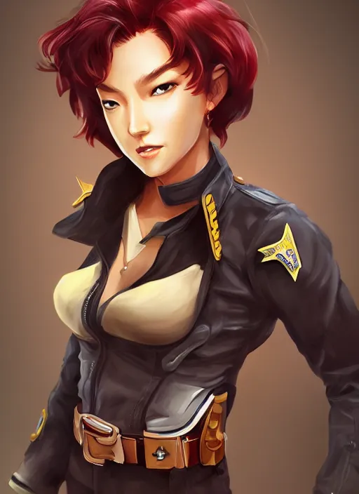 Image similar to full size persona, female sheriff, global lighting, detail, ultra sharpness, beautiful female, detailed face, art by huyy nguyen, style by cain kuga, cowboy bebop art style