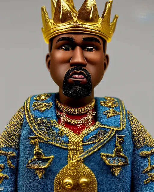 Image similar to highly detailed closeup, face profile portrait of a tin toy kanye west as a fairytale king wearing a crown and sitting on a throne, robes, depth of field, nicoletta ceccoli, mark ryden, lostfish, max fleischer, breathtaking, detailed and intricate environment, 8 k resolution, hyperrealistic, octane render