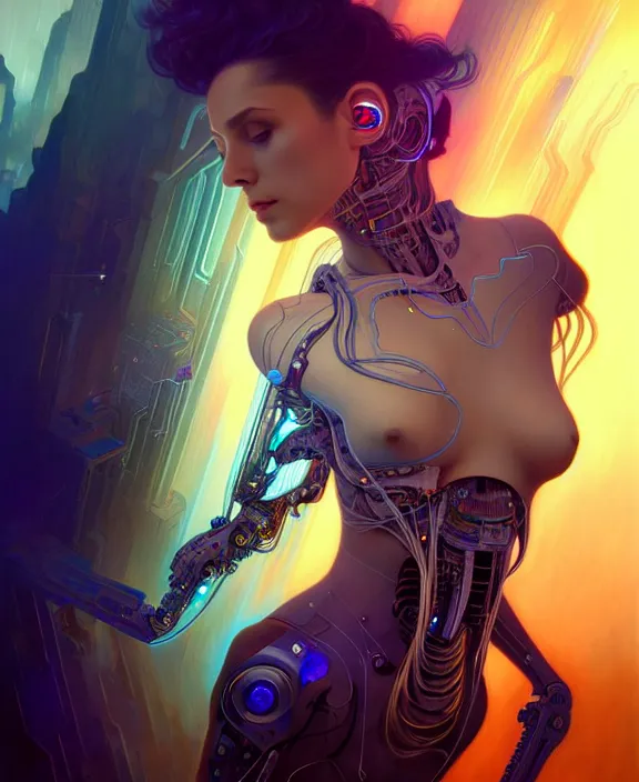 Image similar to a whirlwind of souls rushing inside the metaverse, hologram, half body, neurochip, shaved temple, piercing, jewelry, android, cyborg, cyberpunk face, by loish, d & d, fantasy, intricate, elegant, highly detailed, colorful, digital painting, artstation, concept art, art by artgerm and greg rutkowski and alphonse mucha