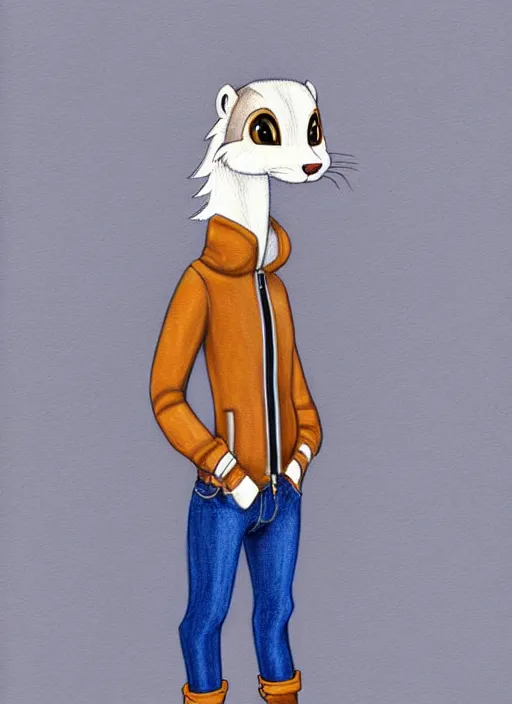 Image similar to expressive stylized master furry artist digital colored pencil painting full body portrait character study of the otter ( sergal ) small head big eyes toon fursona animal person wearing clothes jacket and jeans by master furry artist blotch