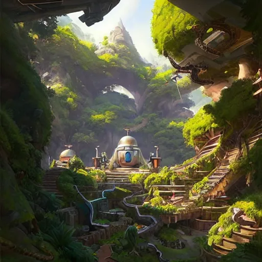 Image similar to worm's eye view of overwatch headquarters carved inside a mountain above a lush garden, neatly trimmed vegetation, magical, natural light, fantasy, sharp focus, concept art, by greg rutkowski and craig mullins, cozy atmospheric