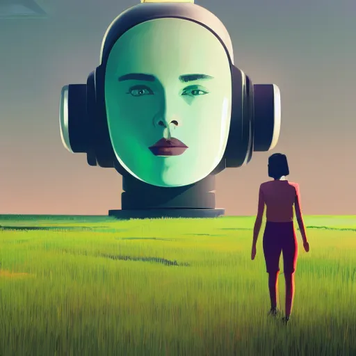 Image similar to a graph - style woman walking across a lush green field, a huge robot head in front of her, cyberpunk art by by james gilleard, cgsociety, retrofuturism, synthwave, retrowave, outrun