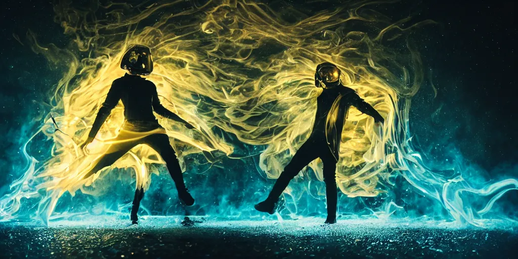 Image similar to VHS music video fisheye slow motion with honeycomb fire and smoke effect through a portal of futuristic break dancer wearing long dark cloak and golden helmet emitting fire and crystals, long exposure shot , enigmatic, at night half submerged by water, paddle of water, steam, fog, water splashes, rim lights, glossy reflections, water droplets on lens, octane render, Volumetric dynamic lighting, stunning cover magazine, high details, hajime sorayama