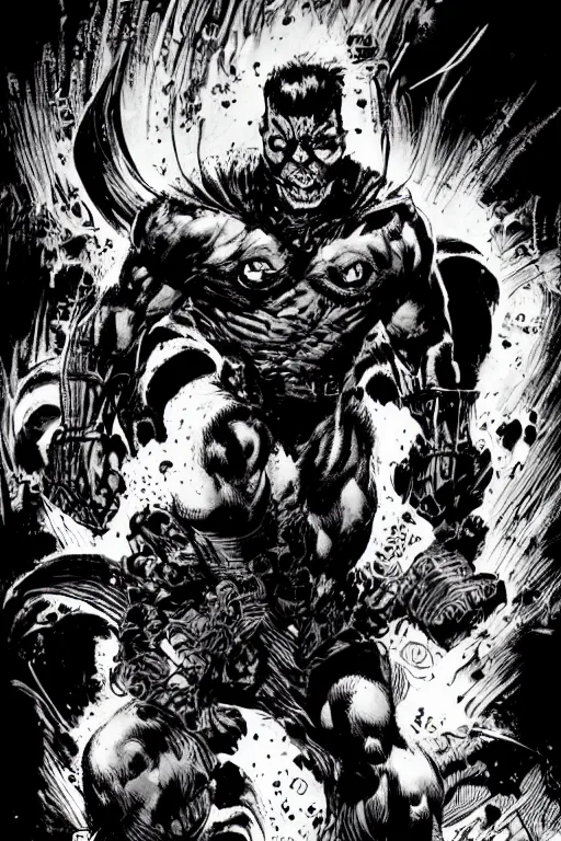 Prompt: A full body portrait of a new antihero character with an angry face art by Marc Silvestri and Jim Lee, trending on artstation, ominous, mysterious