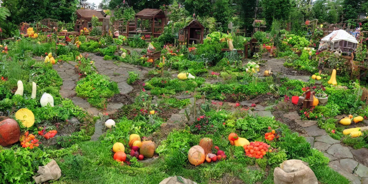 Prompt: storybook scene garden with comically large vegetables