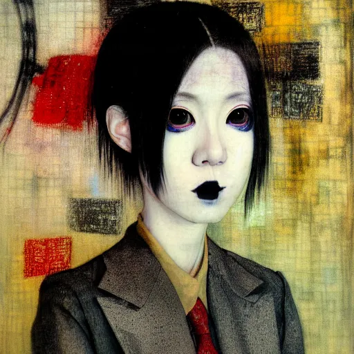 Image similar to yoshitaka amano blurred and dreamy realistic three quarter angle portrait of a young woman with black lipstick and black eyes wearing dress suit with tie, junji ito abstract patterns in the background, satoshi kon anime, noisy film grain effect, highly detailed, renaissance oil painting, weird portrait angle, blurred lost edges