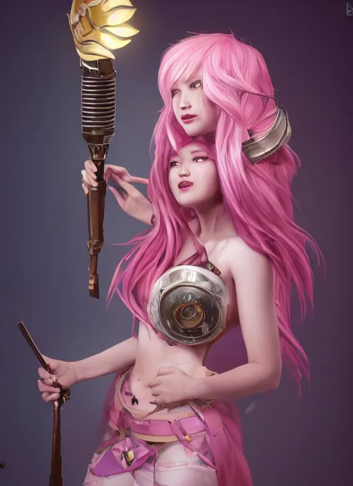 Prompt: joyful seraphine, from league of legends, pink hair, au naturel, studio microphone, new musical instruments, hyper detailed, digital art, trending in artstation, cinematic lighting, studio quality, smooth render, unreal engine 5 rendered, octane rendered, art style by klimt and nixeu and ian sprigger and wlop and krenz cushart