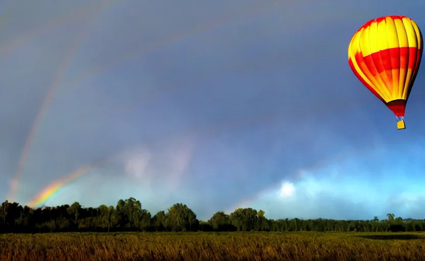 Image similar to hot air balloon flying through a double rainbow, oh the places you'll go by dr seuss