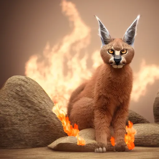 Image similar to wide-angle photo of fluffy cute caracal sitting on a stool in a room, flames of fire at background, octane render, 3d, 8k, hd, studio light