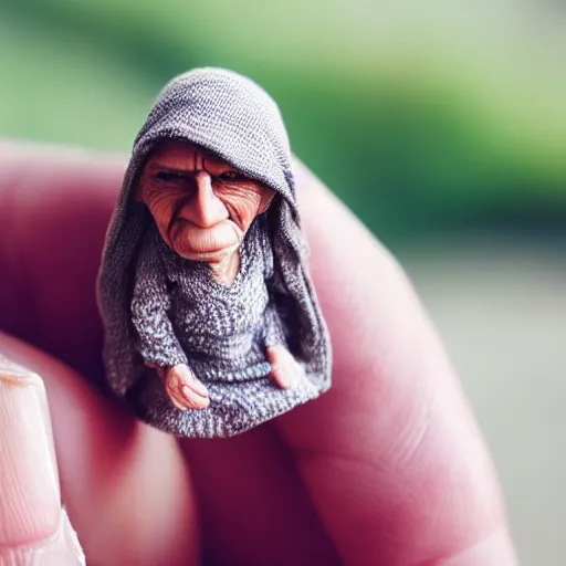 Image similar to miniature ancient old woman in palm of giant hand, short dof, macro photo, tiltshift, cutest, large head, tiny body, hyper realistic, minutely detailed, 8 k