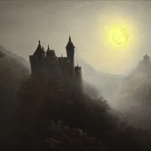 Prompt: highly detailed, silhouette of a castle on misty mountains, beautiful, calm, full moon, rembrandt painting