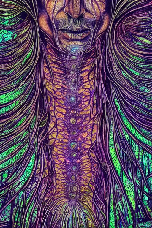 Prompt: beautiful dark portrait of one Bioluminescent old shaman, with cracked fractal semi-transparent skin. multicolored fish scales, closeup. long dark hair with insects and plant leaves. at night, realistic. intricate, very detailed, by alex grey and Moebius