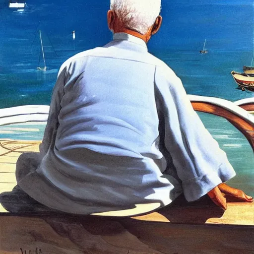 Prompt: painting by salvador dali of a senior grey haired caucasian man seen from behind, sitting on a deck near the harbor, boats and water. it is a beautiful summer day