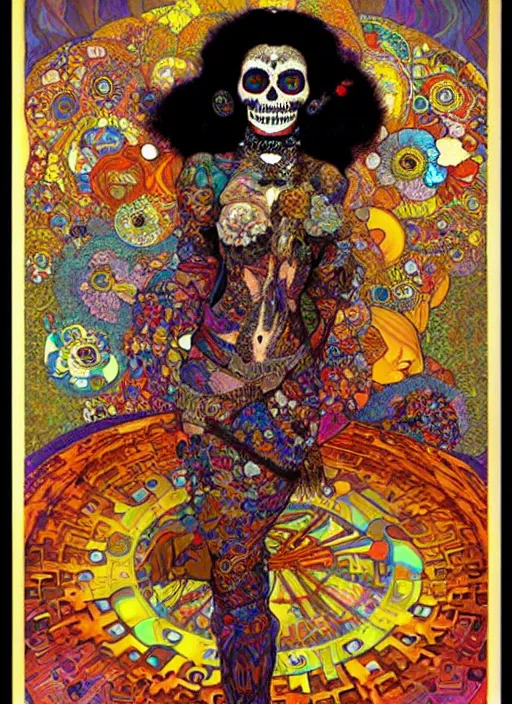 Prompt: realistic detailed psychedelic poster art of a cute punk goth fractal Día de los Muertos girl posing by Victor Moscoso Rick Griffin Alphonse Mucha Gustav Klimt, masterpiece