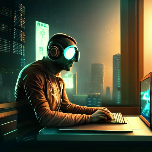 Image similar to realistic successful man typing on laptop in gaming room, artstation trends, cyberpunk concept art, highly detailed, intricate, sharp focus, digital art, 8 k