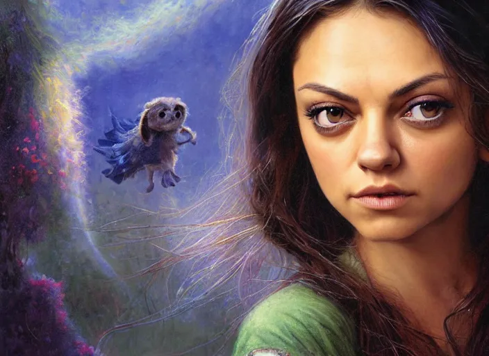 Image similar to Mila Kunis staring into the camera, misty wisps, Lilia Alvarado, Sophie Anderson, Mark Arian, Bob Byerley, Charlie Bowater, Mark Brooks, Steve Henderson, Justin Gerard, Arthur Hughes, Edward Robert Hughes, Mark Keathley, Victor Nizovtsev, Carlos Shwabe, Ross Tran, WLOP