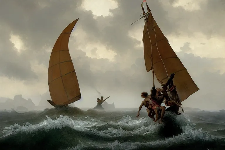 Image similar to ancient historically accurate depiction of Bible Character walking on water during a storm, a small fishing sailboat with scared sailors on board, dramatic lighting by frank miller, illustration by Ruan Jia and Mandy Jurgens and William-Adolphe Bouguereau, Artgerm, 4k, digital art, surreal, space dandy style, highly detailed, godsend, artstation, digital painting, concept art, smooth, sharp focus, illustration by Ruan Jia and Mandy Jurgens and William-Adolphe Bouguereau, Artgerm