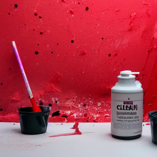 Image similar to a clean studio photography set, there is a bucket of red paint in the middle and it has just exploded, there is paint EVERYWHERE