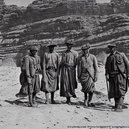 Image similar to ultra detailed photorealistic sepia - toned photo from 1 9 1 7, clean - shaven british soldiers standing with bedouin traders in traditional arab garb, at an archaeological dig site in wadi rum, ultra realistic, painted, intricate details, lovecraft, atmospheric, dark, horror, brooding, highly detailed, by clyde caldwell