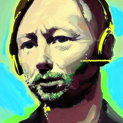 Image similar to oil painting of thom yorke, in real life, on stage, his body completely covered, with a few pieces of light show and strobe light flashes behind the stage and lighting to lighten it. he is wearing headphones and has the microphone in his mouth