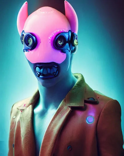 Prompt: natural light, soft focus portrait of a male cyberpunk anthropomorphic shark with soft synthetic pink skin, blue bioluminescent plastics, smooth shiny metal, elaborate ornate head piece, piercings, skin textures, by annie leibovitz, paul lehr