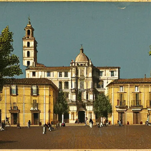 Image similar to el escorial square with the sanctuary of the virgen de gracia, by martin rico y ortega