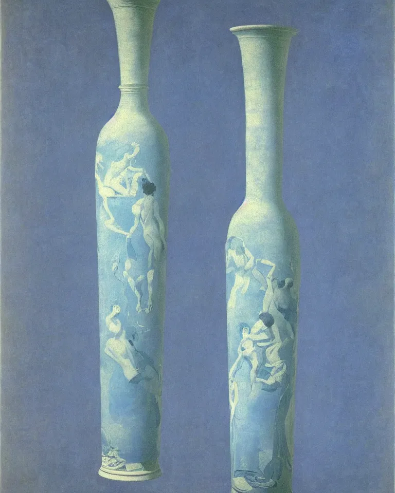 Image similar to achingly beautiful print of intricately painted ancient greek lekythos on a baby blue background by rene magritte, monet, and turner.