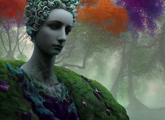 Image similar to a portrait of idealistic marble statue with fractal flowery hair and fair porcelain face and green eyes, in a magical forest, painted by, mc escher, gordon onslow ford, georgia o'keeffe and ivan aivazovsky, cinematic light, god rays, colourful, watercolour, unreal engine, zbrush central,