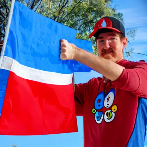 Image similar to Jeffy from super Mario Logan holding up a transgender flag