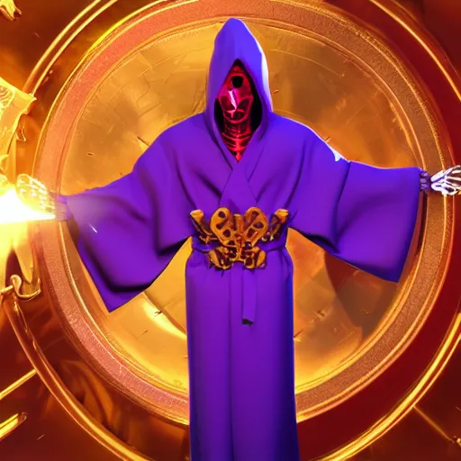 Image similar to a skeleton in a purple robe, golden magical shoulder pads, in a hood, a red magic sphere in his chest, he stands next to a golden throne, realism, game quality, 3d render, proportions